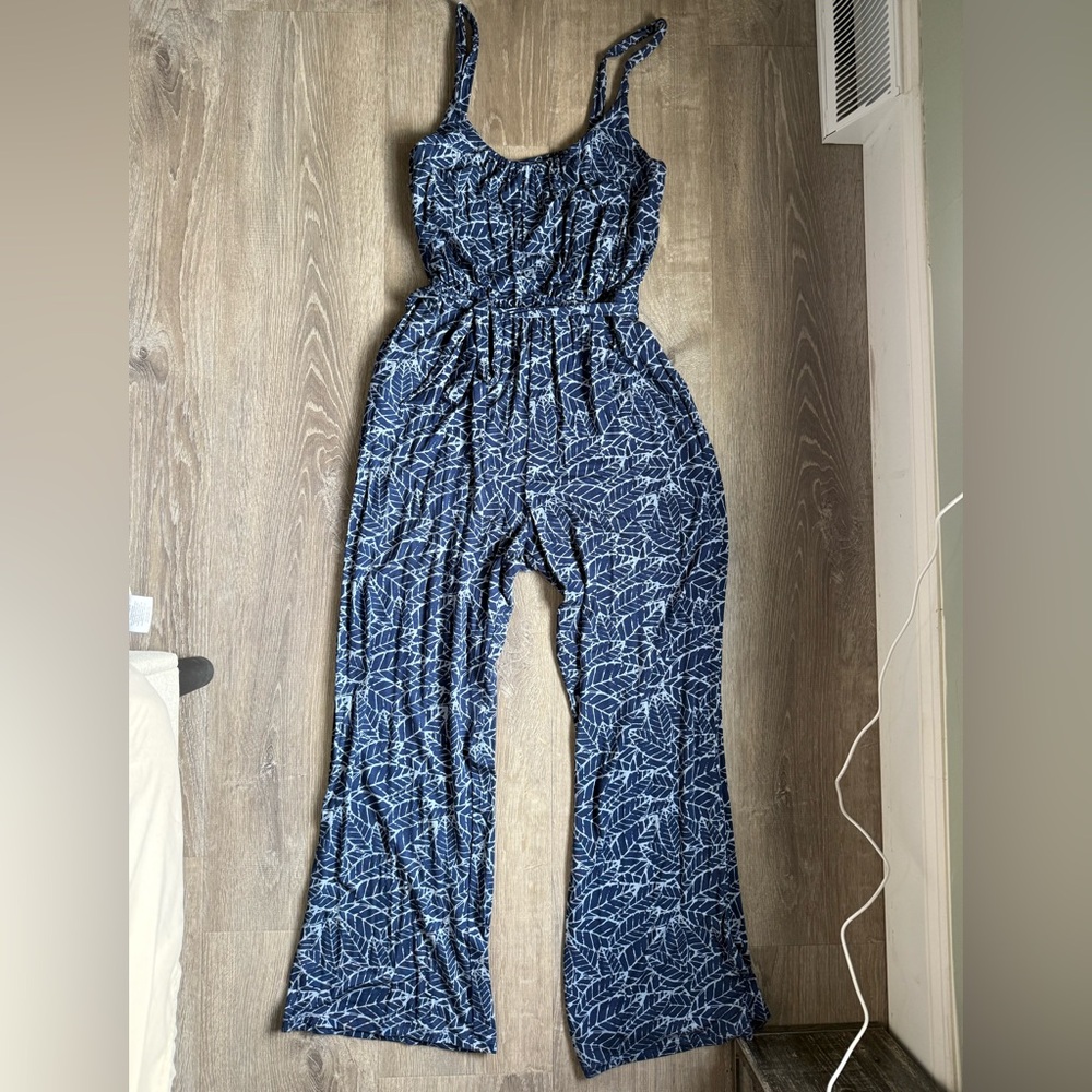 Market & Spruce Navy Leaf Print Jumpsuit